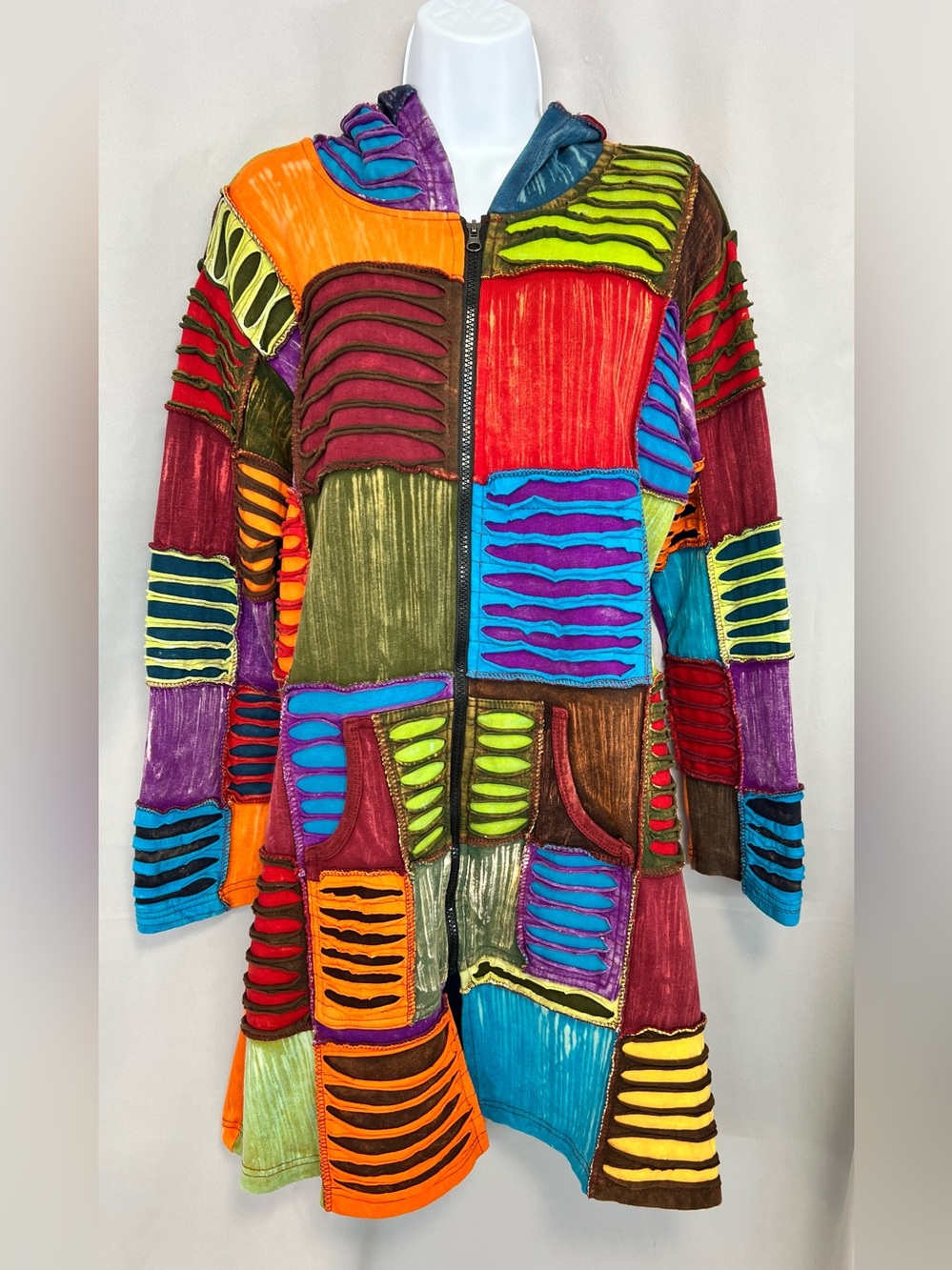 Greater Good Women's Hoodie Jacket L/XL Colorblock Patchwork Boho Distressed
